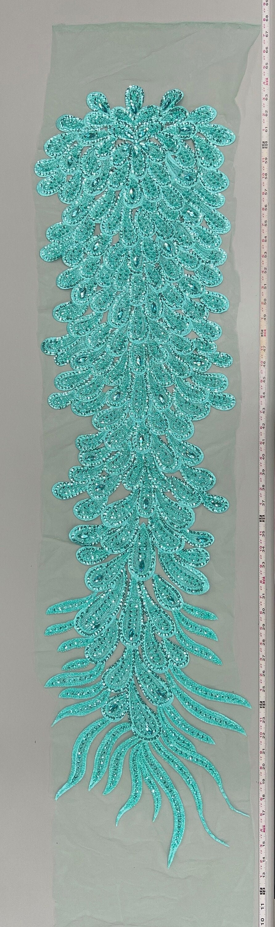 Angela AQUA Vegas Peacock Beaded Sequins Embroidered on Mesh Lace Fabric by Panel - 10227