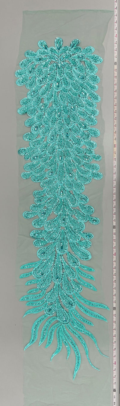 Angela AQUA Vegas Peacock Beaded Sequins Embroidered on Mesh Lace Fabric by Panel - 10227