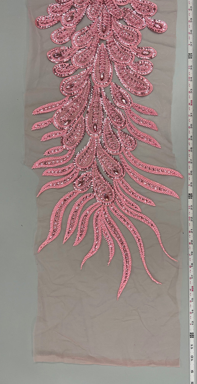 Angela PINK Vegas Peacock Beaded Sequins Embroidered on Mesh Lace Fabric by Panel - 10227
