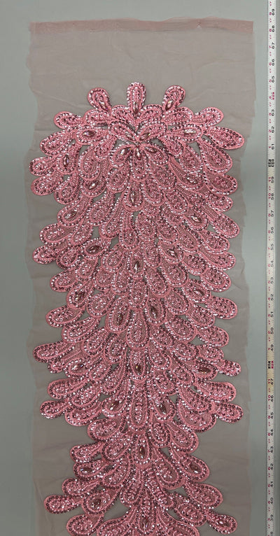 Angela PINK Vegas Peacock Beaded Sequins Embroidered on Mesh Lace Fabric by Panel - 10227