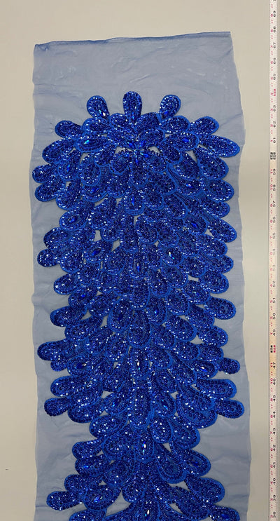 Angela ROYAL BLUE Vegas Peacock Beaded Sequins Embroidered on Mesh Lace Fabric by Panel - 10227