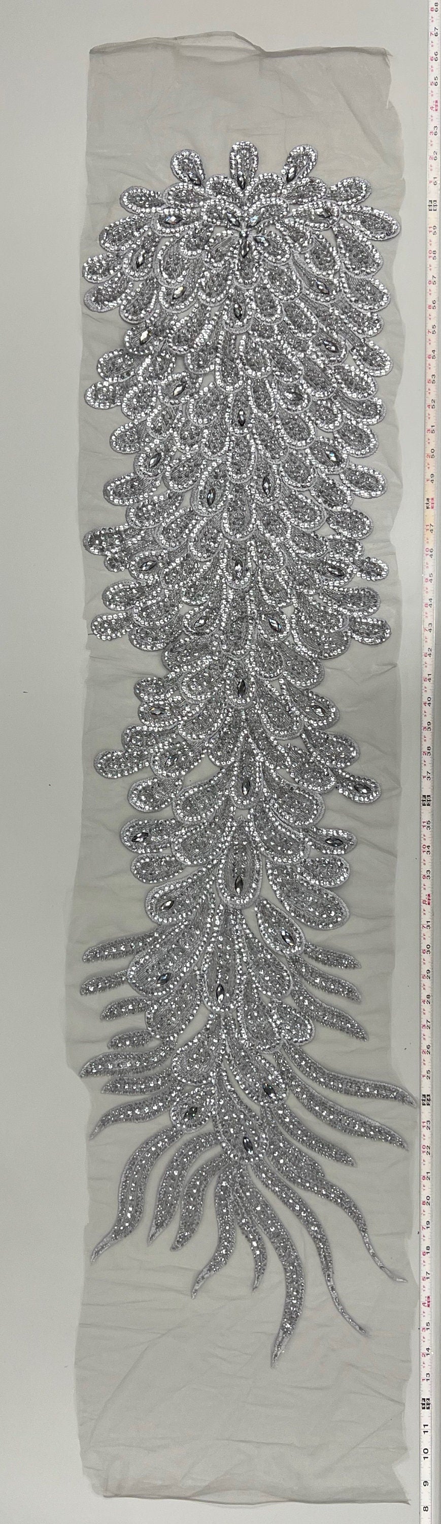 Angela GREY Vegas Peacock Beaded Sequins Embroidered on Mesh Lace Fabric by Panel - 10227