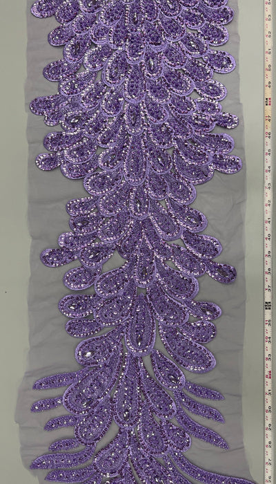 Angela LAVENDER Vegas Peacock Beaded Sequins Embroidered on Mesh Lace Fabric by Panel - 10227
