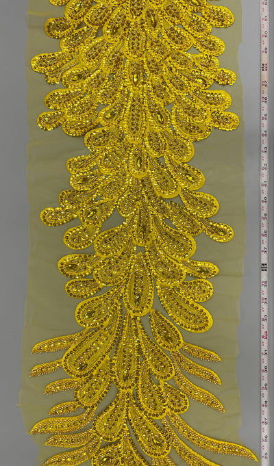 Angela BRIGHT YELLOW Vegas Peacock Beaded Sequins Embroidered on Mesh Lace Fabric by Panel - 10227