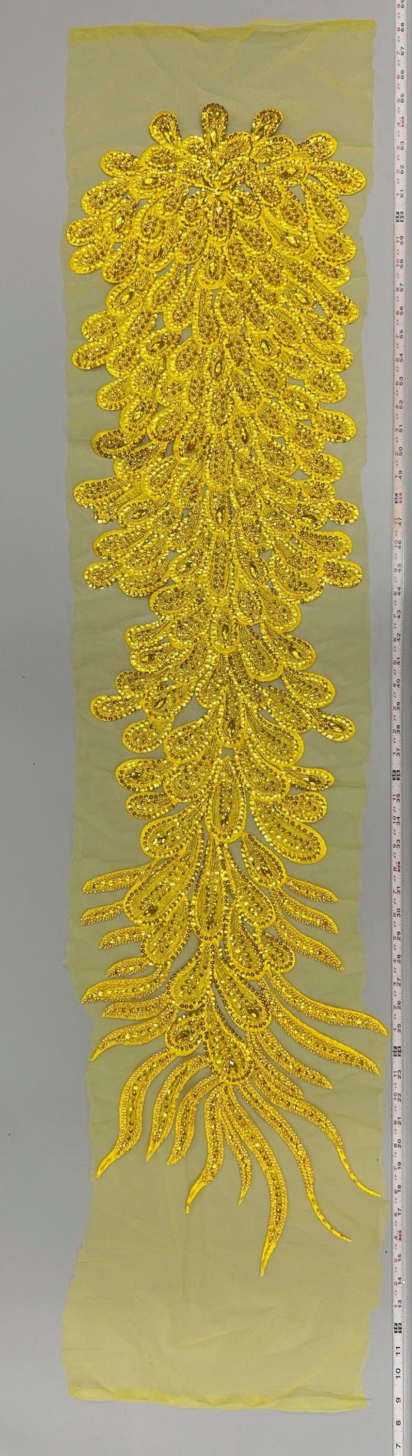Angela BRIGHT YELLOW Vegas Peacock Beaded Sequins Embroidered on Mesh Lace Fabric by Panel - 10227