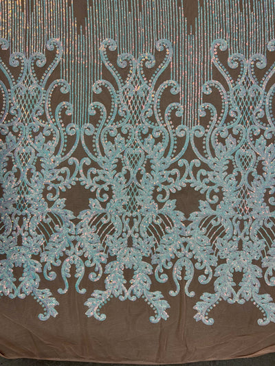 Angelica IRIDESCENT WHITE Curlicues and Leaves Sequins on NUDE Mesh Lace Fabric by the Yard - 10132