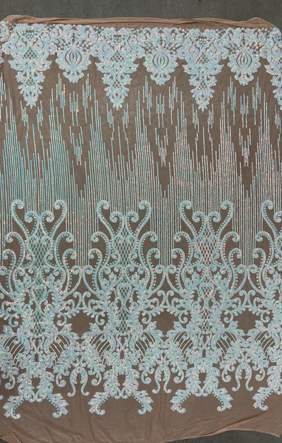 Angelica IRIDESCENT WHITE Curlicues and Leaves Sequins on NUDE Mesh Lace Fabric by the Yard - 10132