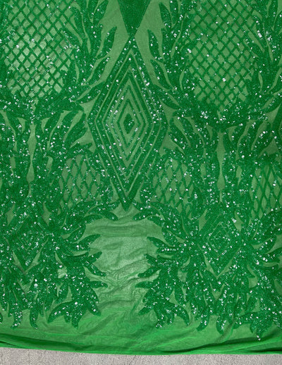 Francesca GREEN Vines and Diamonds Pattern Sequins on Mesh Lace Fabric by the Yard - 10130
