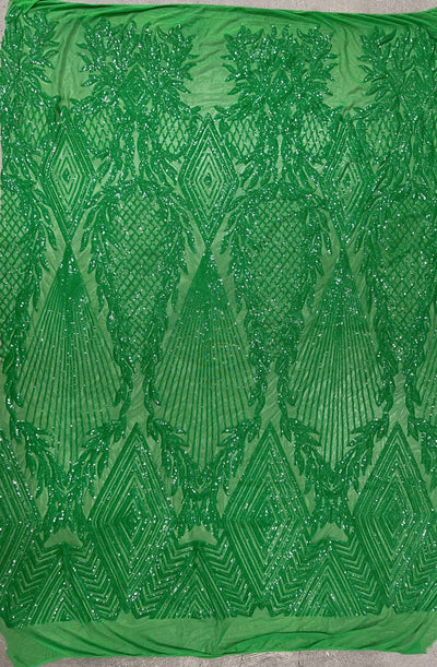Francesca GREEN Vines and Diamonds Pattern Sequins on Mesh Lace Fabric by the Yard - 10130