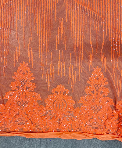 Angelica ORANGE Curlicues and Leaves Sequins on Mesh Lace Fabric by the Yard - 10132