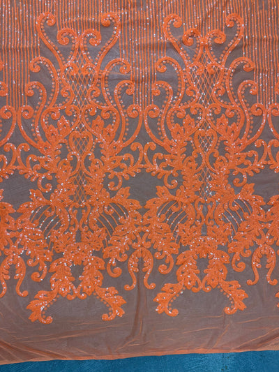Angelica ORANGE Curlicues and Leaves Sequins on Mesh Lace Fabric by the Yard - 10132