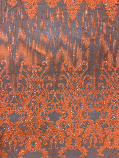Angelica ORANGE Curlicues and Leaves Sequins on Mesh Lace Fabric by the Yard - 10132