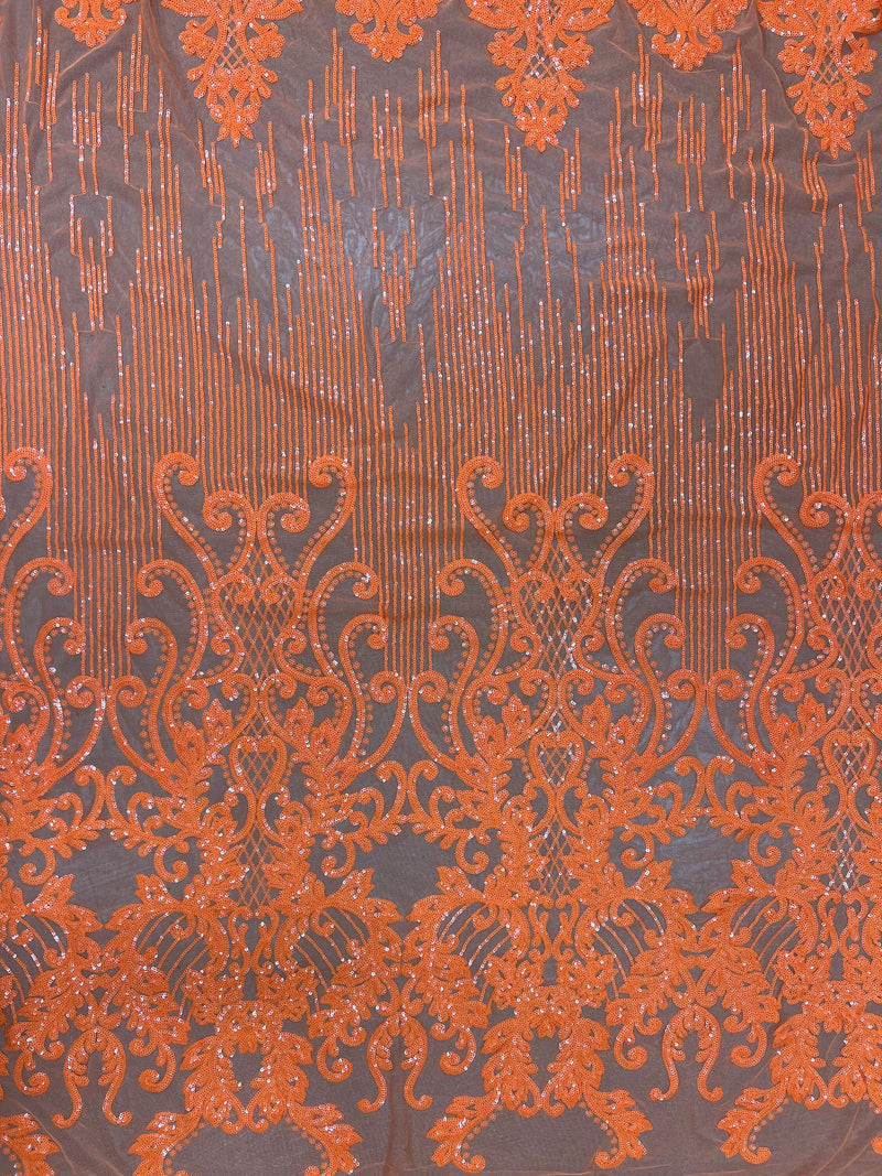 Angelica ORANGE Curlicues and Leaves Sequins on Mesh Lace Fabric by the Yard - 10132