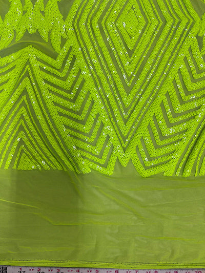 Francesca NEON YELLOW GREEN Vines and Diamonds Pattern Sequins on Mesh Lace Fabric by the Yard - 10130