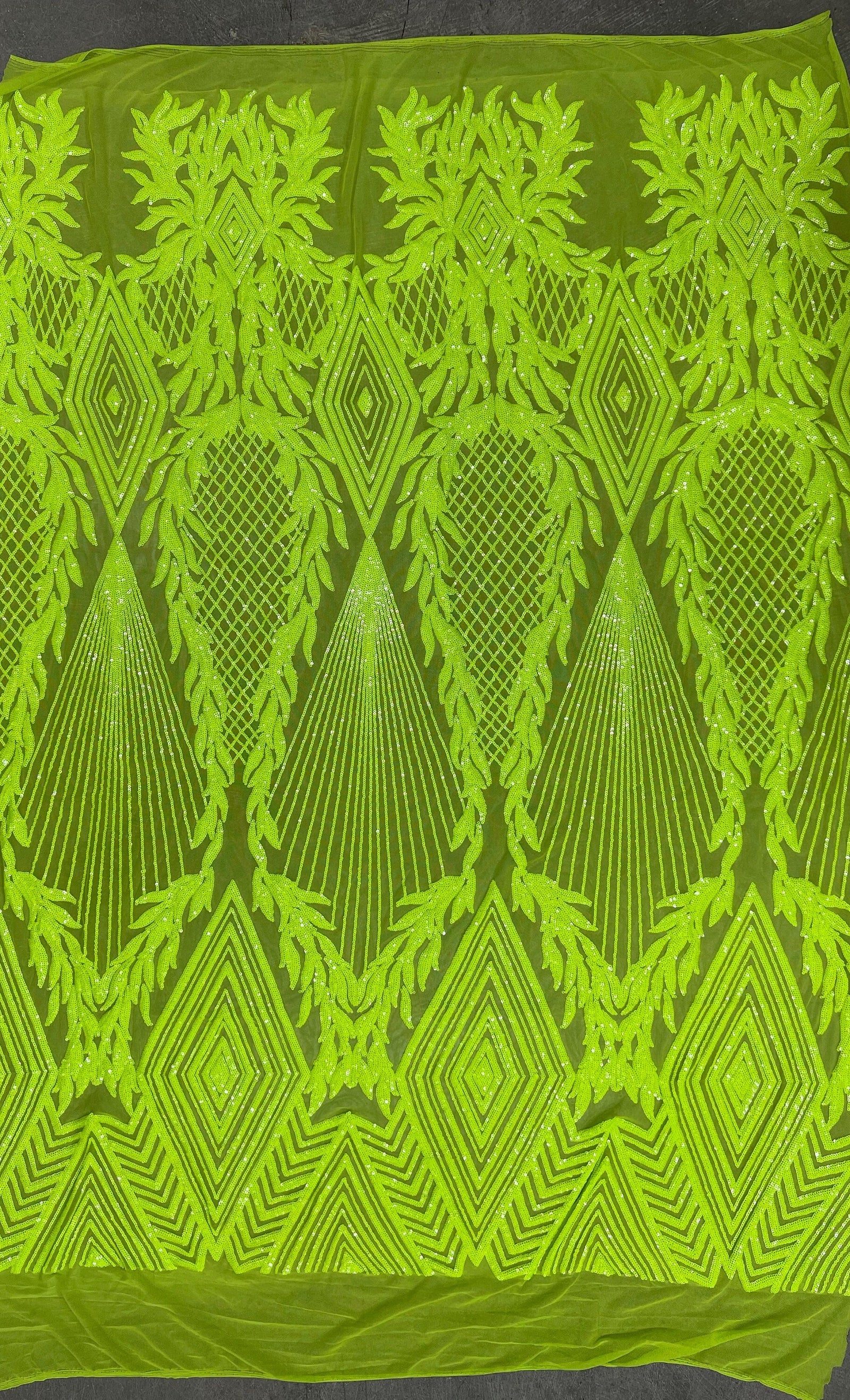 Francesca NEON YELLOW GREEN Vines and Diamonds Pattern Sequins on Mesh Lace Fabric by the Yard - 10130