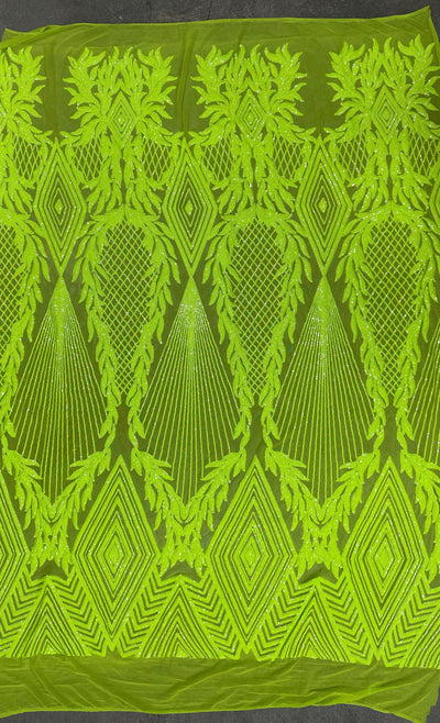 Francesca NEON YELLOW GREEN Vines and Diamonds Pattern Sequins on Mesh Lace Fabric by the Yard - 10130