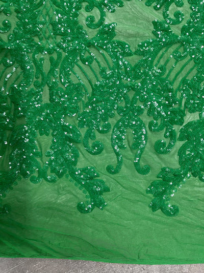 Angelica GREEN Curlicues and Leaves Sequins on Mesh Lace Fabric by the Yard - 10132