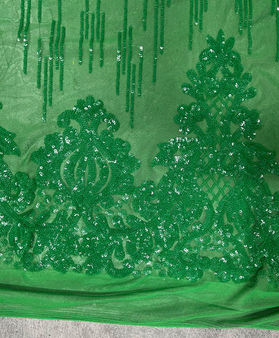 Angelica GREEN Curlicues and Leaves Sequins on Mesh Lace Fabric by the Yard - 10132