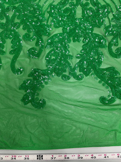 Angelica GREEN Curlicues and Leaves Sequins on Mesh Lace Fabric by the Yard - 10132