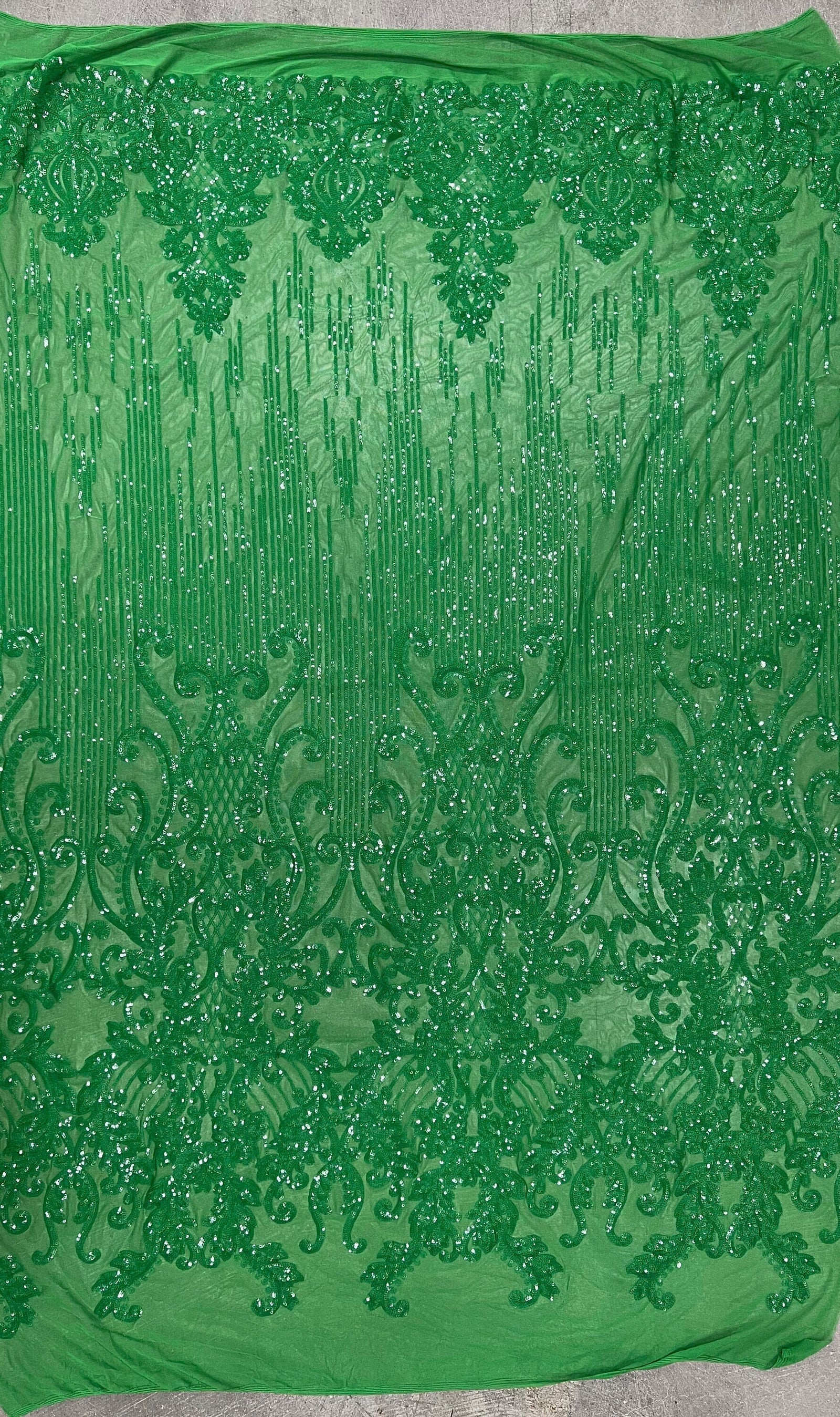 Angelica GREEN Curlicues and Leaves Sequins on Mesh Lace Fabric by the Yard - 10132
