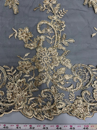 Tess GOLD Polyester Floral Embroidery with Sequins on BLACK Mesh Lace Fabric by the Yard - 10216