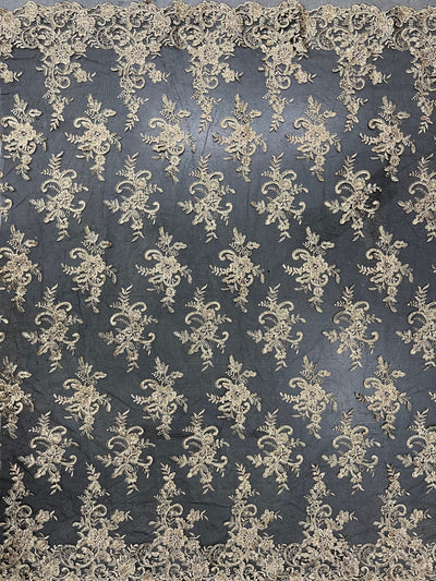 Tess GOLD Polyester Floral Embroidery with Sequins on BLACK Mesh Lace Fabric by the Yard - 10216