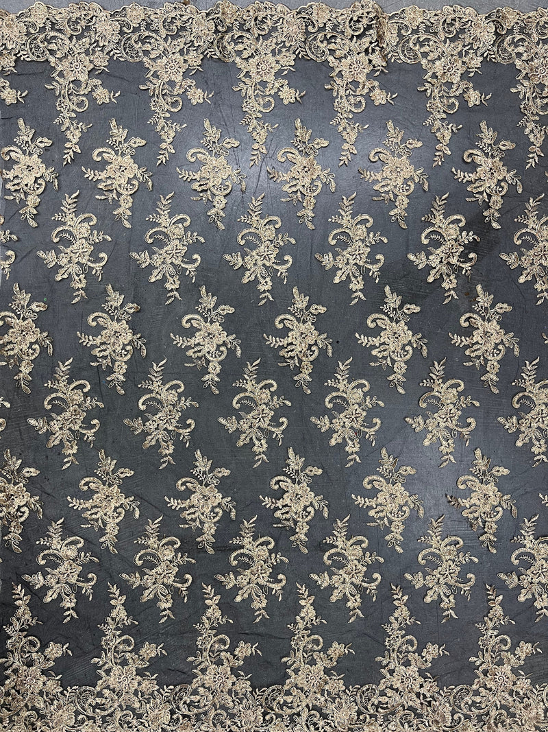 Tess GOLD Polyester Floral Embroidery with Sequins on BLACK Mesh Lace Fabric by the Yard - 10216
