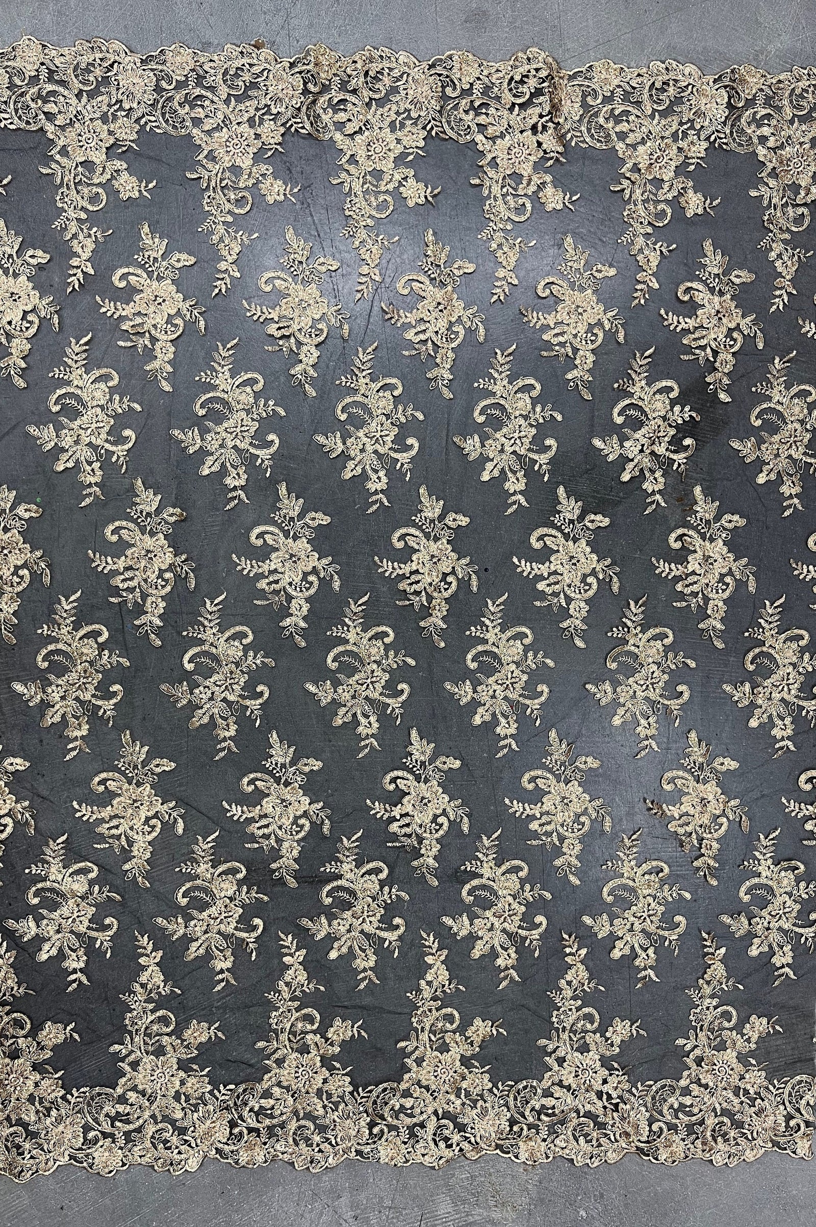 Tess GOLD Polyester Floral Embroidery with Sequins on BLACK Mesh Lace Fabric by the Yard - 10216