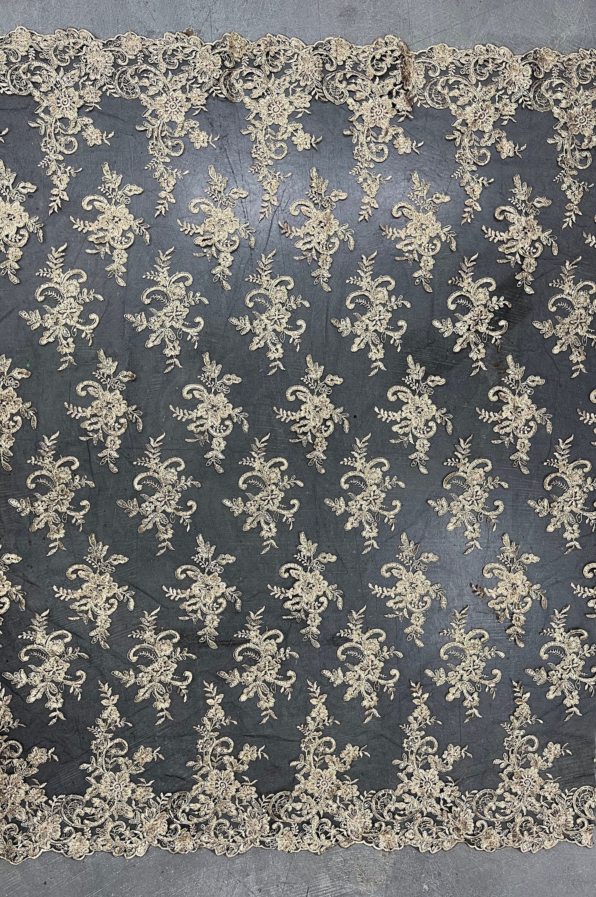 Tess GOLD Polyester Floral Embroidery with Sequins on BLACK Mesh Lace Fabric by the Yard - 10216