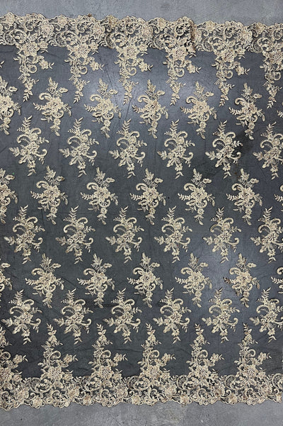 Tess GOLD Polyester Floral Embroidery with Sequins on BLACK Mesh Lace Fabric by the Yard - 10216