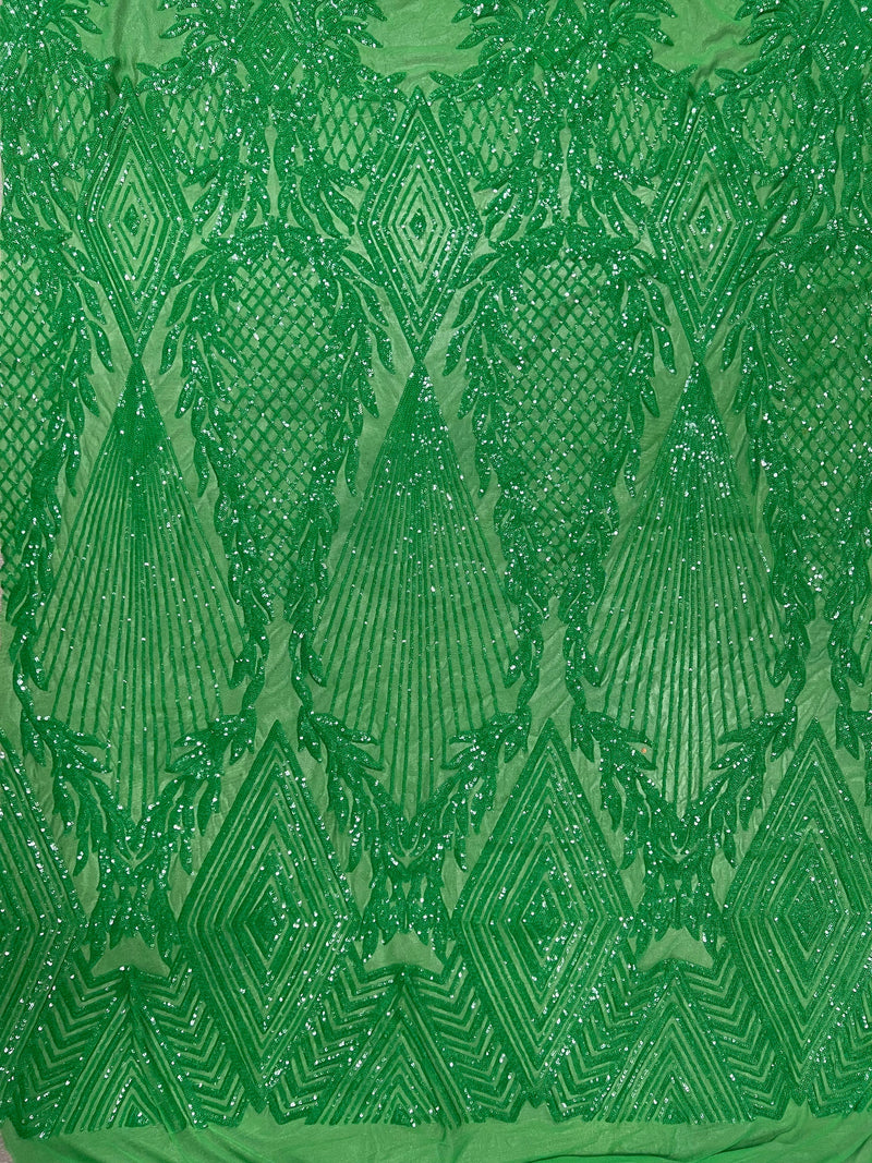 Francesca GREEN Vines and Diamonds Pattern Sequins on Mesh Lace Fabric by the Yard - 10130