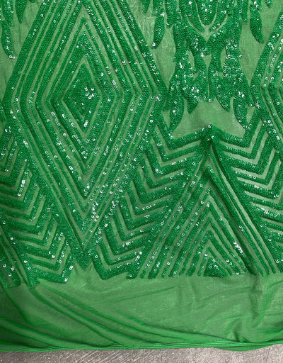 Francesca GREEN Vines and Diamonds Pattern Sequins on Mesh Lace Fabric by the Yard - 10130