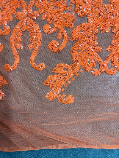Angelica ORANGE Curlicues and Leaves Sequins on Mesh Lace Fabric by the Yard - 10132