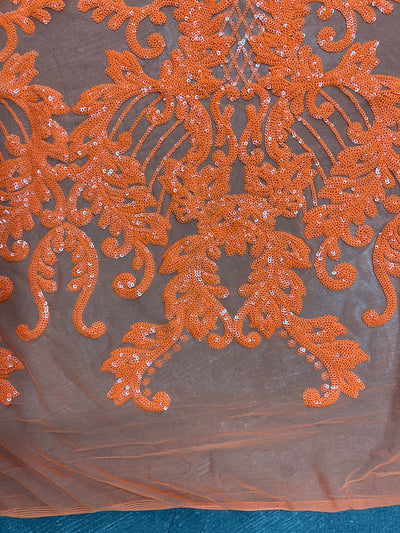 Angelica ORANGE Curlicues and Leaves Sequins on Mesh Lace Fabric by the Yard - 10132