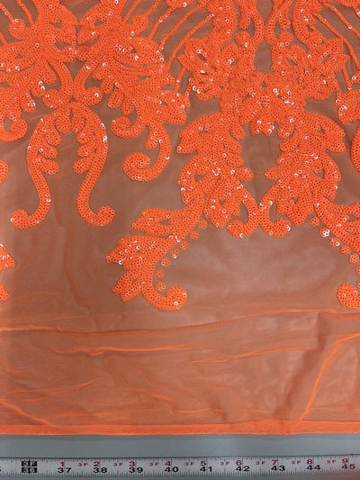 Angelica ORANGE Curlicues and Leaves Sequins on Mesh Lace Fabric by the Yard - 10132