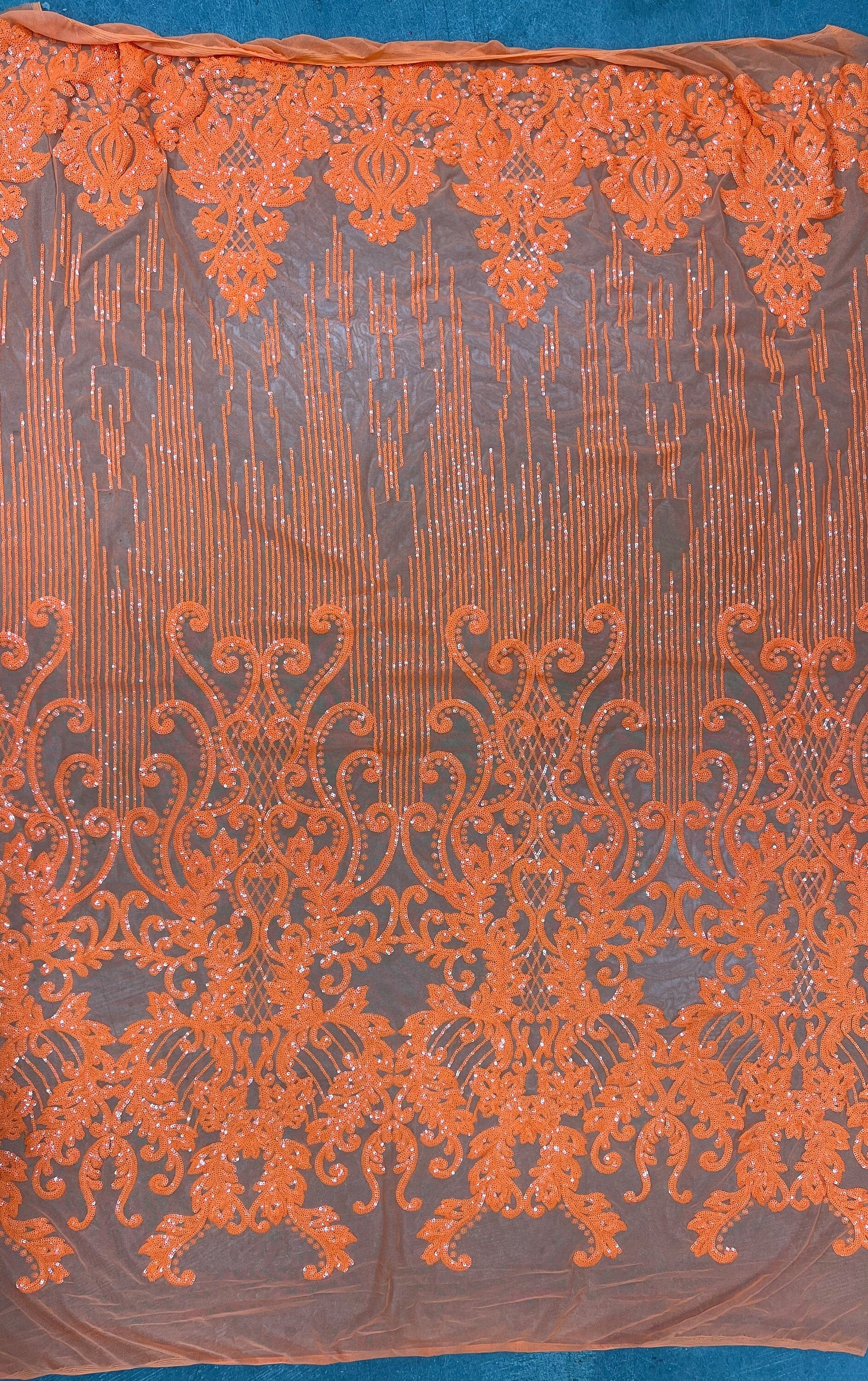 Angelica ORANGE Curlicues and Leaves Sequins on Mesh Lace Fabric by the Yard - 10132