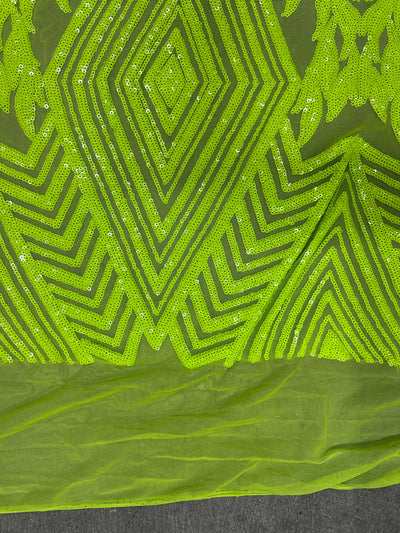 Francesca NEON YELLOW GREEN Vines and Diamonds Pattern Sequins on Mesh Lace Fabric by the Yard - 10130