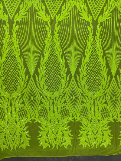 Francesca NEON YELLOW GREEN Vines and Diamonds Pattern Sequins on Mesh Lace Fabric by the Yard - 10130