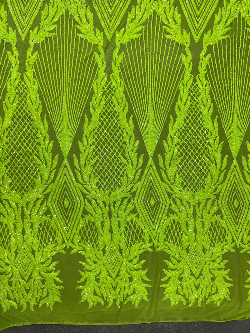 Francesca NEON YELLOW GREEN Vines and Diamonds Pattern Sequins on Mesh Lace Fabric by the Yard - 10130