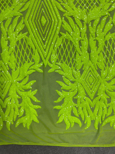 Francesca NEON YELLOW GREEN Vines and Diamonds Pattern Sequins on Mesh Lace Fabric by the Yard - 10130