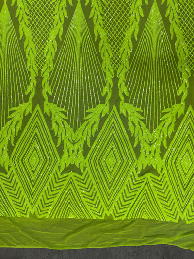 Francesca NEON YELLOW GREEN Vines and Diamonds Pattern Sequins on Mesh Lace Fabric by the Yard - 10130