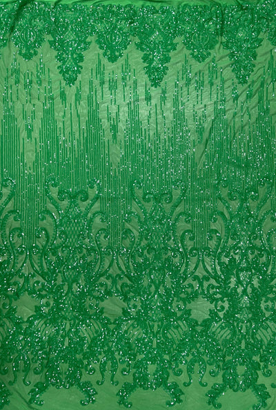 Angelica GREEN Curlicues and Leaves Sequins on Mesh Lace Fabric by the Yard - 10132