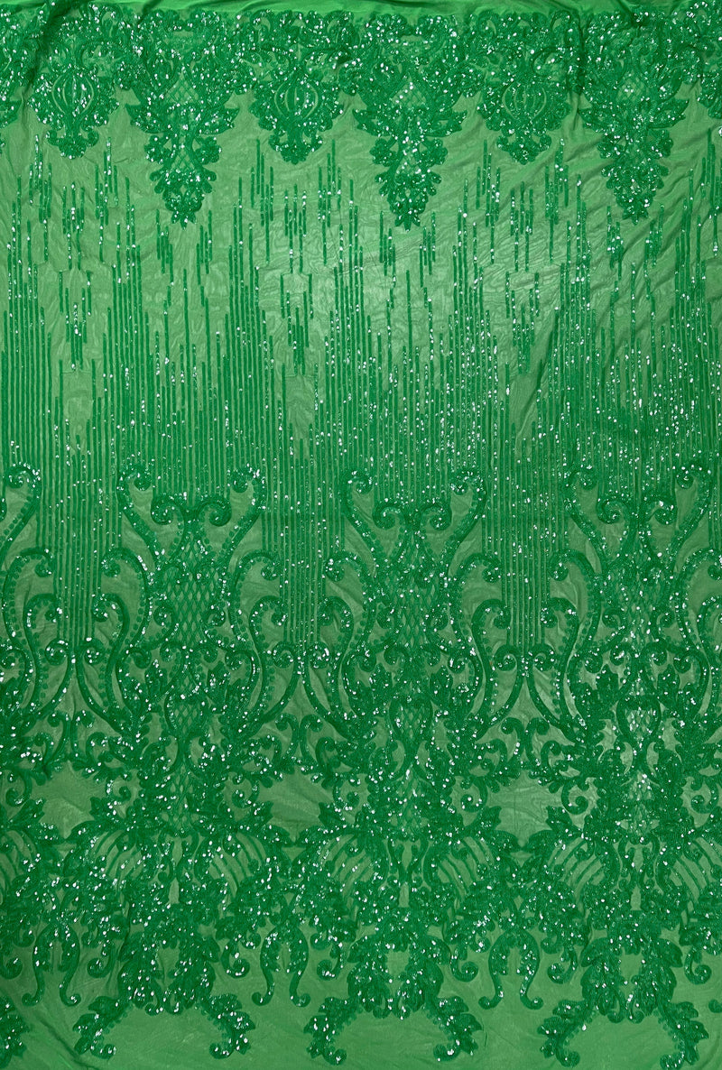 Angelica GREEN Curlicues and Leaves Sequins on Mesh Lace Fabric by the Yard - 10132
