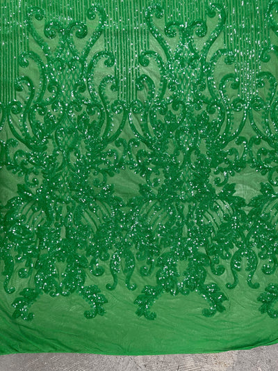 Angelica GREEN Curlicues and Leaves Sequins on Mesh Lace Fabric by the Yard - 10132
