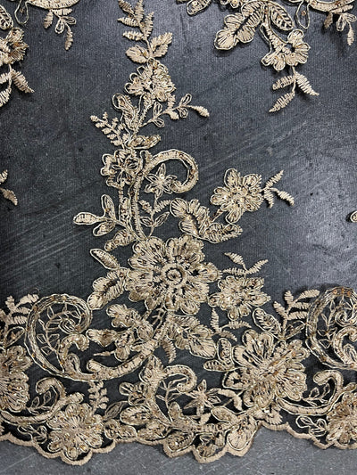 Tess GOLD Polyester Floral Embroidery with Sequins on BLACK Mesh Lace Fabric by the Yard - 10216