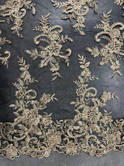 Tess GOLD Polyester Floral Embroidery with Sequins on BLACK Mesh Lace Fabric by the Yard - 10216
