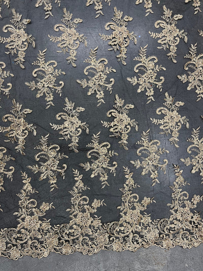 Tess GOLD Polyester Floral Embroidery with Sequins on BLACK Mesh Lace Fabric by the Yard - 10216