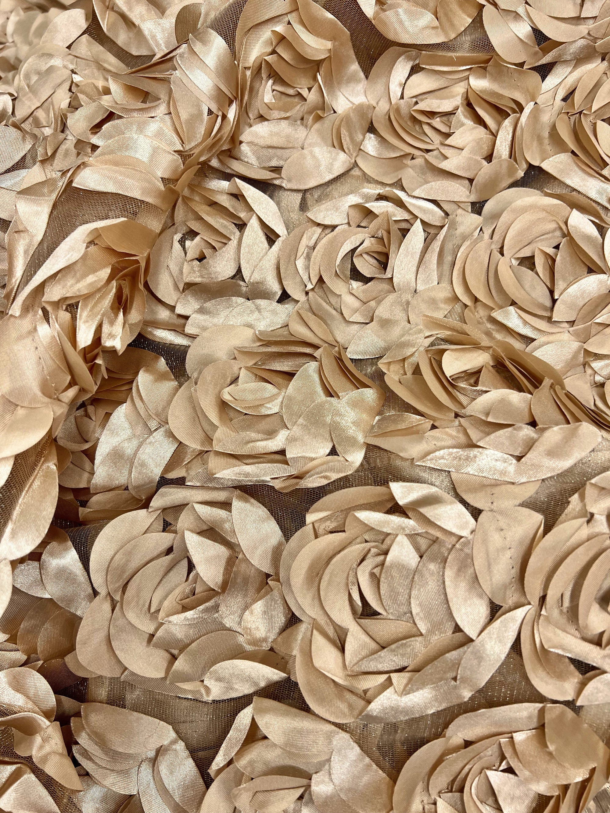 Maci LIGHT CHAMPAGNE 3D Floral Polyester Satin Rosette on Mesh Fabric by the Yard - 10057
