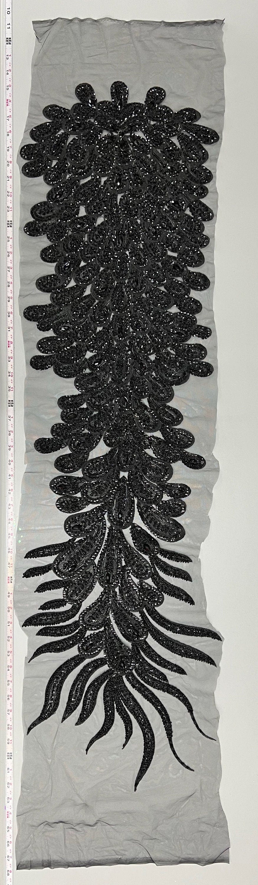 Angela BLACK Vegas Peacock Beaded Sequins Embroidered on Mesh Lace Fabric by Panel - 10227