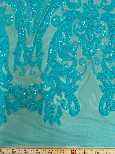 Alaina AQUA Curlicue Sequins on Mesh Lace Fabric by the Yard - 10018